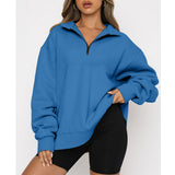 Damen nan oversized Sweatshirt mit halbem Reißverschluss, Stehkragen und überschnittener Schulter Drune – Blau - ohne Tasche