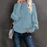 Damen nan Zopfmuster-Strickpullover mit Rollkragen und Ballonärmeln Drune – Blau