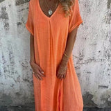 Naduni - Stilvolles Kleid Aus Baumwolle Und Leinen Mit V-Ausschnitt – Orange