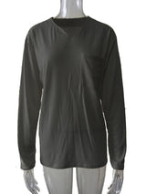 Damen nan legeres Langarmshirt mit V-Notch-Ausschnitt, Brusttasche und lockerer Oversize-Passform Drune – Dunkelgrau - Langarm mit Tasche