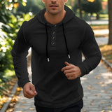 Herren nan Henley-Kapuzenpullover mit Knopfleiste und verstellbarem Kordelzug Drune – Schwarz