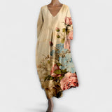 Fiona - Langes, Buntes Kleid mit V-Ausschnitt – Beige