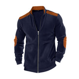 Herren nan Stehkragen-Sweatjacke mit feiner Rippstruktur, Ellbogen-Patches und kontrastierenden Schulterdetails Drune – Navyblau