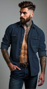Herren lässige Denim-Hemdjacke mit zwei aufgesetzten Taschen Aliams – Dunkelblau
