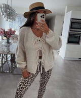 Einfarbiger Rundhals-Lace-Up-Cardigan – Aprikose