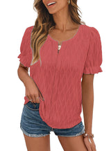 Jacquard-Top mit Puffärmeln für Damen – Trendy, locker und bequem – Rot