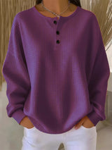 Damen nan Oversized Waffelstrick Henley-Pullover mit Knopfleiste und abgerundetem Saum Drune – Dunkelviolett