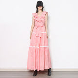 Maxikleid mit Voluminösen Rüschen & Tailliertem Bund | Damen Sommerkleid – Rosa