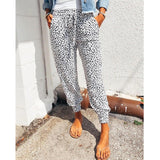 Damen nan lässige Leoparden-Print Jogginghose mit Tunnelzug, Eingrifftaschen und elastischen Bündchen Drune – Weiß