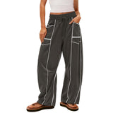 Damen nan weite Lounge-Hose mit Kordelzug, Kontrastpaspelierung und Cargo-Taschen Drune – Dunkelgrau