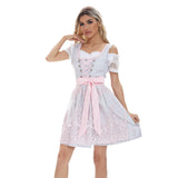 Damen nan kurzes traditionelles Dirndlkleid mit Spitzenbluse, Schnürung und dekorativer Schürze Drune – 4519 Rosa