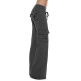 Damen nan lässige Low-Rise Cargo-Loungehose mit weitem Bein, breitem Komfortbund und dekorativen Klappentaschen Drune – Dunkel meliertes Grau