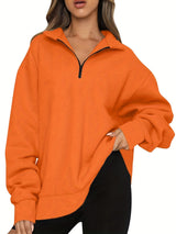 Damen nan Oversized Sweatshirt mit Kurzreißverschluss, Stehkragen und Kängurutasche Drune – Orange