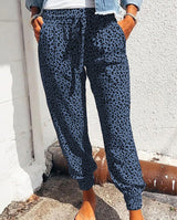 Damen nan lässige Leoparden-Print Jogginghose mit Tunnelzug, Eingrifftaschen und elastischen Bündchen Drune – Blau