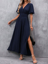 Schwarzes Maxikleid Damen – V-Ausschnitt, Schlitz & Flatterärmel – Marineblau
