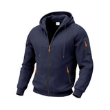 Herren nan funktionale Kapuzen-Sweatjacke mit durchgehendem Reißverschluss, Ärmeltasche und wasserabweisenden Reißverschlüssen Drune – Navyblau