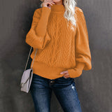 Damen nan Zopfmuster-Strickpullover mit Rollkragen und Ballonärmeln Drune – Ingwerfarben