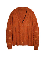Damen nan großzügiger Grobstrick-Cardigan mit Zopfmuster, V-Ausschnitt und Sternstickereien Drune – Orange