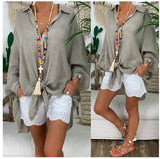 Damen nan leichte Leinen-Tunika mit Knotenfront und Lochspitzen-Shorts Drune – Grau