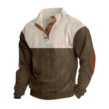 Herren nan grober Rippstrick-Pullover mit Stehkragen, Knopfleiste und markanten Ellenbogenpatches Drune – Apricot + Braun