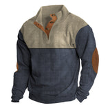 Herren nan grober Rippstrick-Pullover mit Stehkragen, Knopfleiste und markanten Ellenbogenpatches Drune – Khaki + Blau