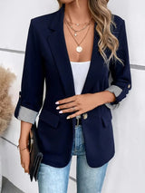 Damen nan taillierter dreiviertelarm Blazer mit Pattentaschen und umgeschlagenen Manschetten Drune – Marineblau