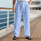 Herren nan elegante Leinenhose mit Bügelfalte Tunnelzugbund und weitem Bein Drune – Hellblau