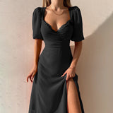 Damen elegantes Maxikleid mit trendigen Puffärmeln und hohem Schlitz WOLFF – Schwarz