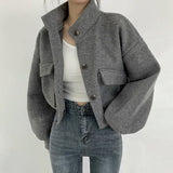 Audrey | Kurze Wolljacke Mit Stehkragen Und Lockerem Schnitt – Grau
