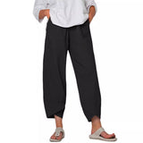 Damen nan lockere Leinenhose mit hohem Bund, Tulpen-Saum und seitlichen Eingrifftaschen Drune – Gewicht: S 220g / 3XL 270g