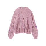 Damen nan oversize Strickcardigan mit Zopfmuster und Sternapplikationen V-Ausschnitt Knopfleiste Drune – Rosa