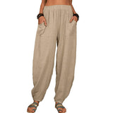 Damen nan lockere Leinenhose mit weitem Bein elastischem Bund und großen aufgesetzten Taschen Drune – Khaki