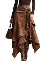 Damen asymmetrischer Wickelrock mit dekorativen Quasten Drune – Kaffee