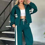 Damen nan athletisches Zweiteiler-Set aus French Terry mit Reißverschluss Cropped Jacke und weitem Highwaist Jogger Drune – Grün