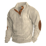 Herren nan rustikaler gerippter Pullover mit Henley-Kragen und lederartigen Ellbogenbesätzen Drune – Helles Apricot