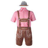 Herren nan traditionelle Trachtenlederhose mit bestickten Hosenträgern, kariertem Trachtenhemd und Filzhut Drune – 82352【Rotes Oberteil + braune Latzhose + graue Mütze】