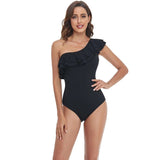 Damen Einteiler Badeanzug mit asymmetrischem Rüschendesign Drune – Schwarz