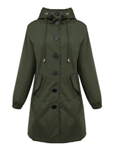Damen nan leichter Regenparka mit Kapuze, überlanger Knopfleiste, Tunnelzug und aufgesetzten Taschen Drune – Olivgrün