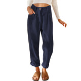 Damen nan weiche weite Cordhose mit hoher Taille, Bundfalten und umgeschlagenem Saum Drune – Marineblau