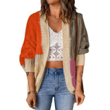 Damen nan lässige Strickjacke im Patchwork-Stil mit offener Front und 3/4-Ärmeln Drune – Orange