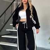 Damen nan athletisches Zweiteiler-Set aus French Terry mit Reißverschluss Cropped Jacke und weitem Highwaist Jogger Drune – Schwarz