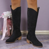 Damen nan Kniestiefel im Westernstil mit mittelhohem Blockabsatz seitlichem Reißverschluss und gesticktem Wildlederfinish Drune – Schwarz