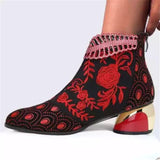 Damen nan bestickte Ankle-Boots mit Samteinsatz Perlenbesatz und skulptiertem Blockabsatz Drune – Rot