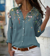 Damen nan leichte Chiffonbluse mit floralem Vogelprint, Knopfleiste und lässigem Schnitt Drune – Blau