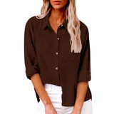 Damen nan oversized Leinen-Baumwollmix Hemdbluse mit Brusttasche und krempelbaren Ärmeln Drune – Dunkelbraun