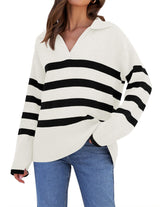 Gestreifter Strickpullover mit Kragen für Damen | Perfekt für alle Jahreszeiten – Weiß