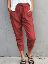 Damen nan lässige tapered Leinenhose mit elastischem Bund und Bündchen Drune – Weinrot