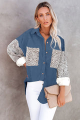 Damen nan oversized Hemdbluse mit Strukturstoff, Kontrastärmeln im Leo-Print und aufgesetzten Taschen Drune – Marineblau