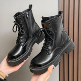 Damen nan knöchelhohe Combat-Boots in Lackoptik mit robuster Profilsohle und seitlichem Reißverschluss Drune – Schwarz