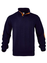 Herren nan Zopfmuster-Pullover mit Stehkragen, halber Knopfleiste und Ellbogenpatches Drune – Navyblau